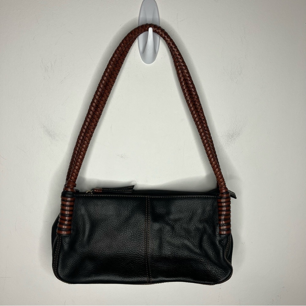 Fossil pebbled leather shoulder bag with woven handles medium size